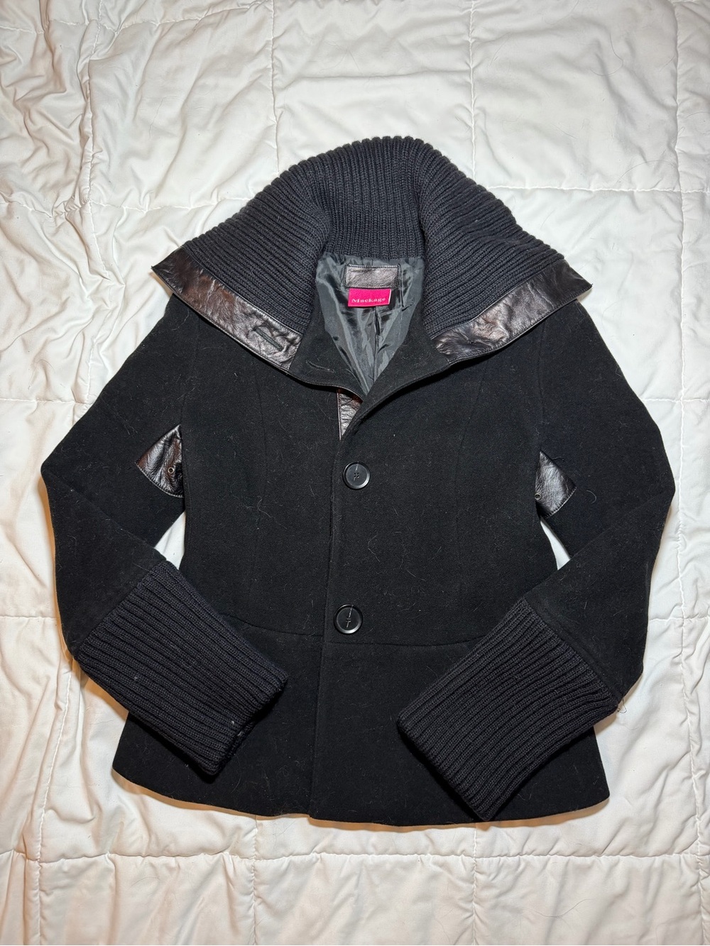 Mackage Black Wool-Blend Pea Coat with Ribbed Funnel Collar